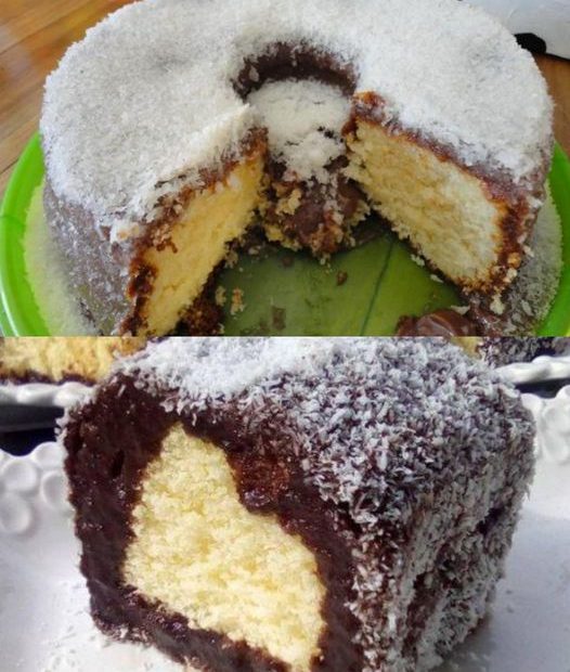 Bolo com cobertura de coco e chocolate